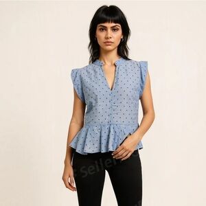 NWT Anthropologie Porridge Light Blue Peplum Blouse w/ Polka-Diamond Pattern
